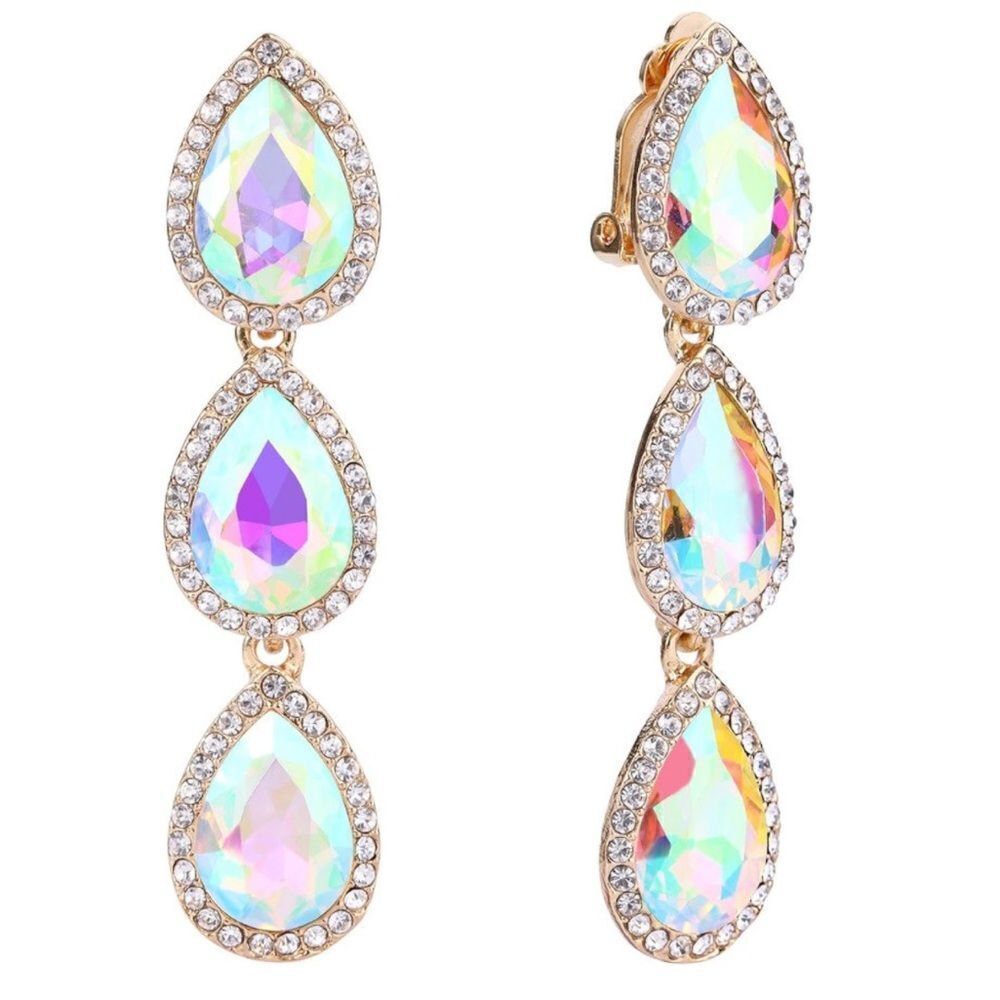 Yellow Gold with Iridescent AB and Diamond Austrian Crystal Clip On Earrings